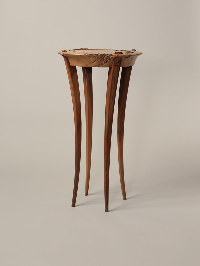 Atrio Vintage - Tall Accent Table with Live Edge Burl top and Intricate inlays